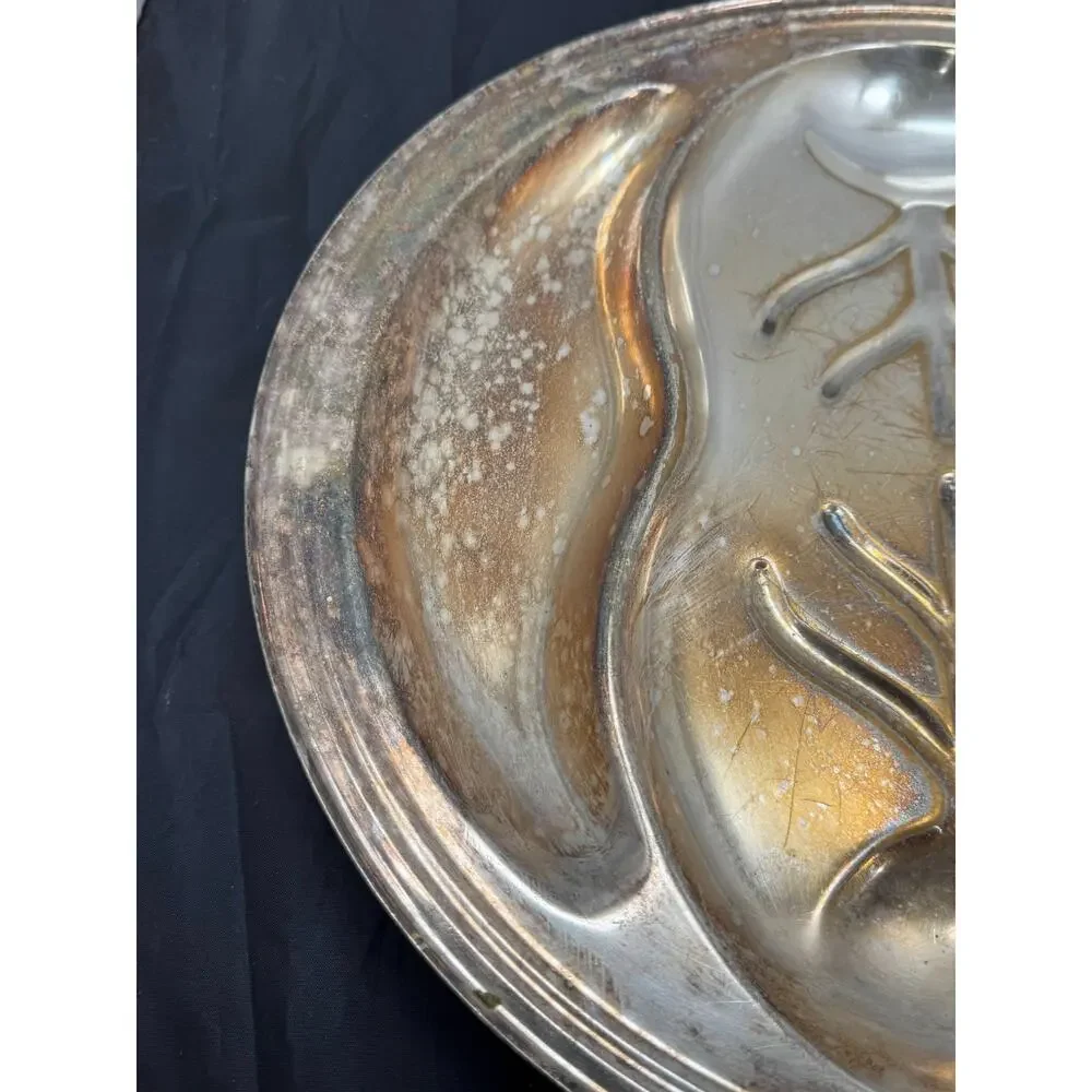 Vtg Silver on Copper 3 Section Divided Relish Platter Tray Pear Footed Dish 18